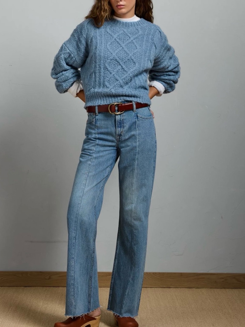 AE77 Academia Boho Shrunken Fit Cable Knit Balloon Dusty Blue Crewneck Sweater S